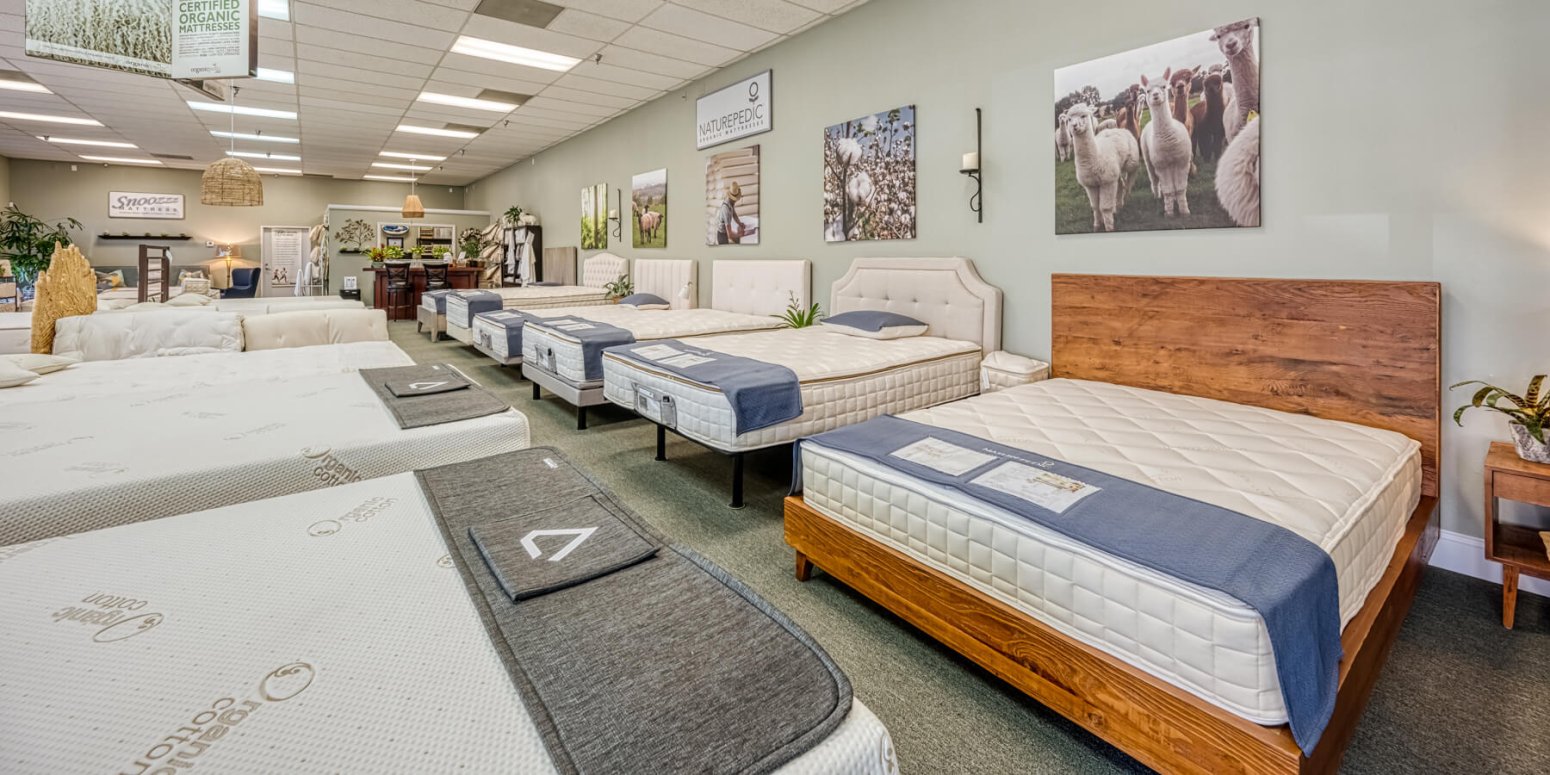 Naturepedic beds lined up in showroom